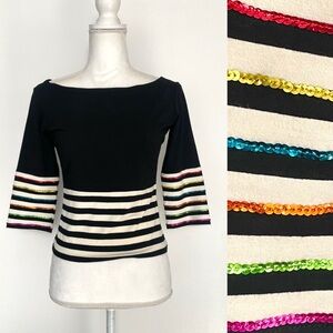 Black 3/4 Sleeve Shirt with Stripes & Rainbow Sequins, Dorothy Schoelen, Small